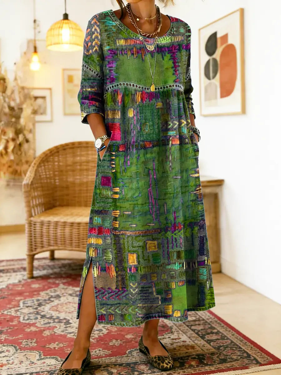 Manuela | Robe Midi Imprimé Patchwork Coloré & Poches Latérales