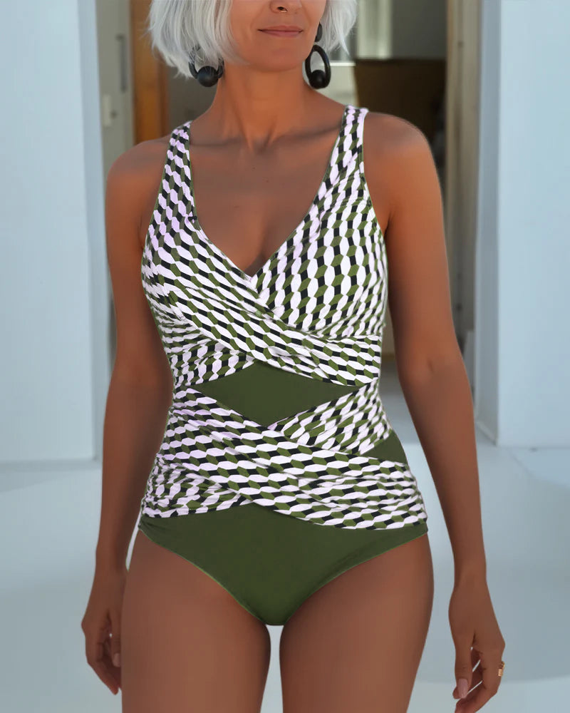 Rosalia | Maillot de Bain Une Pièce Croisé Imprimé Géométrique & Découpe Taille