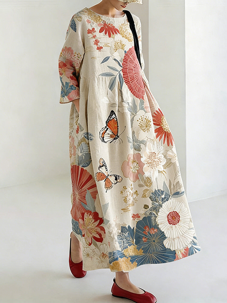 Robe à motif floral et papillon de style japonais pour femmes