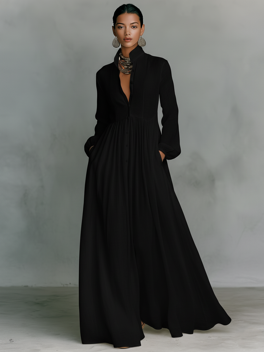 Zoey | Robe maxi en patchwork de coton et lin avec col montant