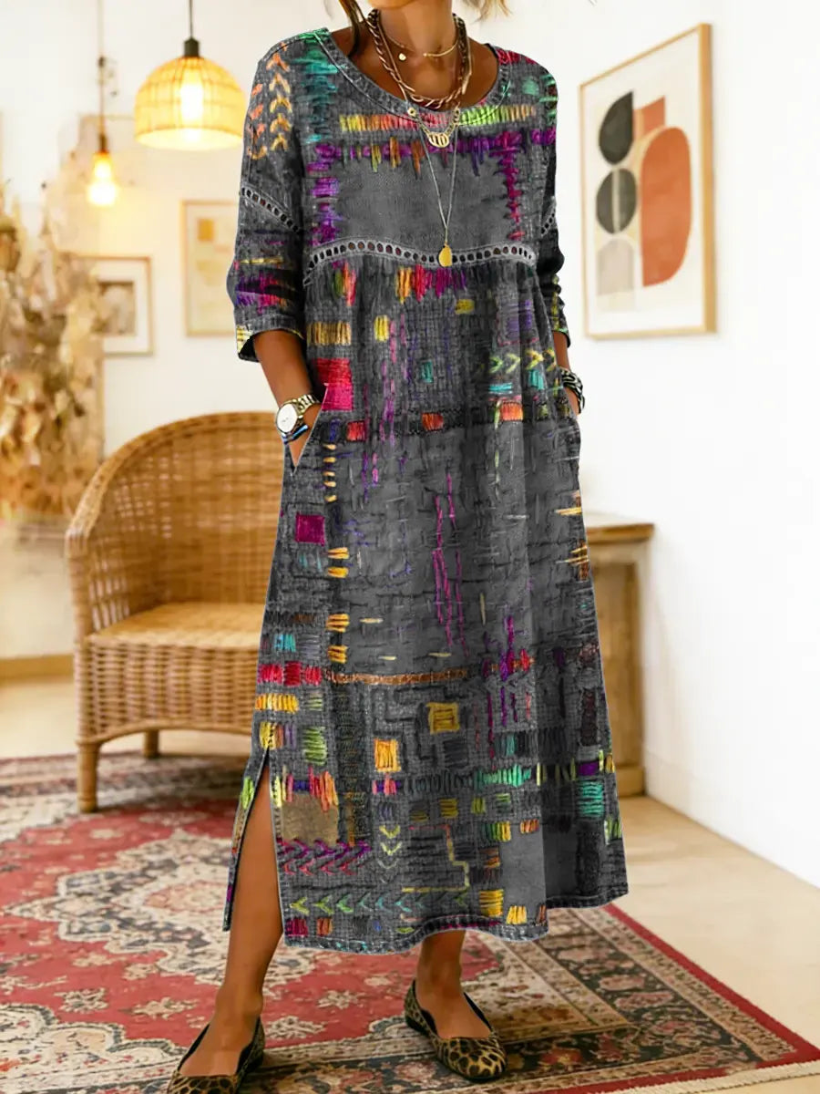 Manuela | Robe Midi Imprimé Patchwork Coloré & Poches Latérales