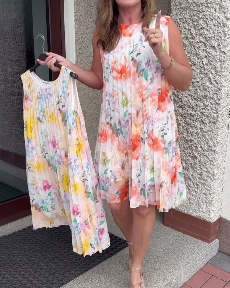 Robe Sans Manches Plissée Fleurie