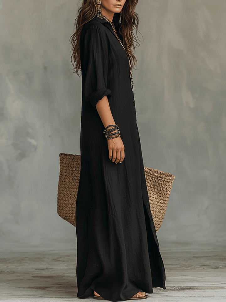 Noémie | Robe Maxi Chemise Lin Col Chemisier & Fente Latérale