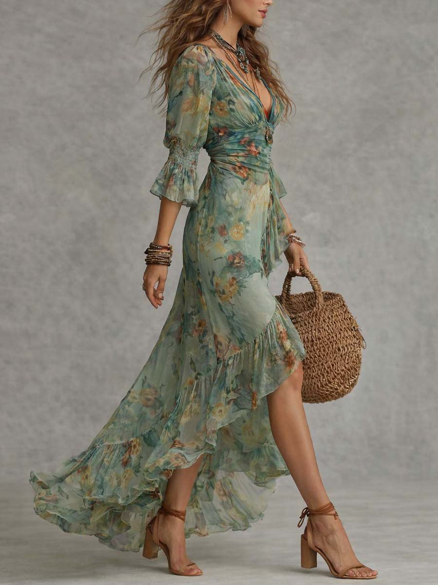 Aurora – Robe Maxi Florale Boho avec un Ourlet Asymétrique Romantique