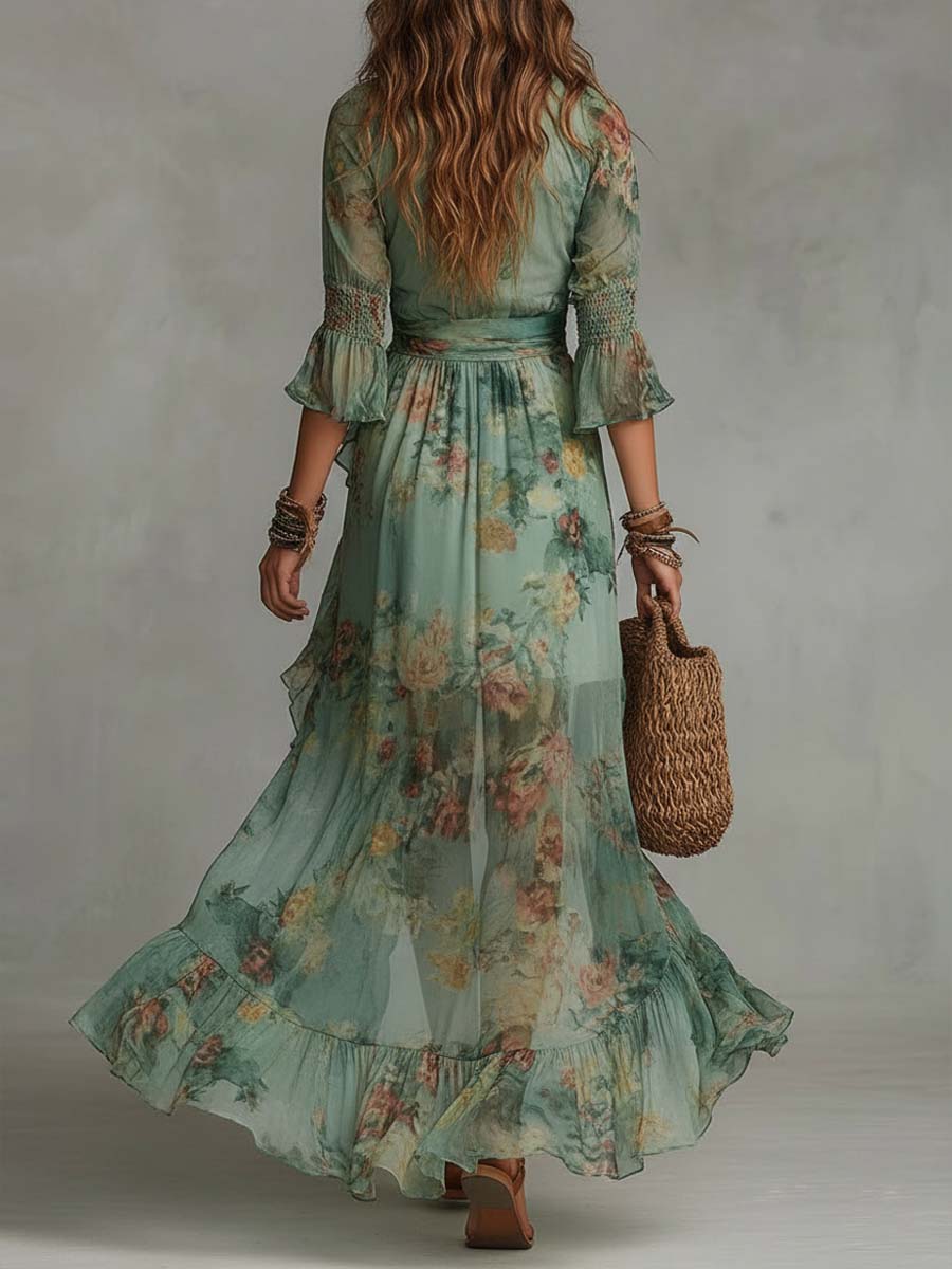 Aurora – Robe Maxi Florale Boho avec un Ourlet Asymétrique Romantique