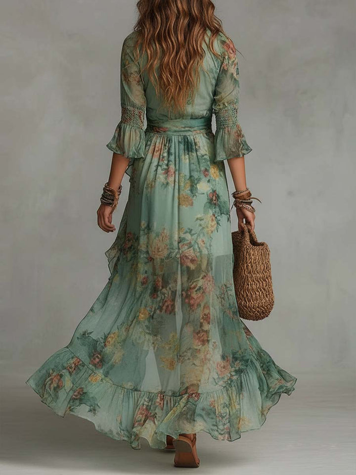 Aurora – Robe Maxi Florale Boho avec un Ourlet Asymétrique Romantique