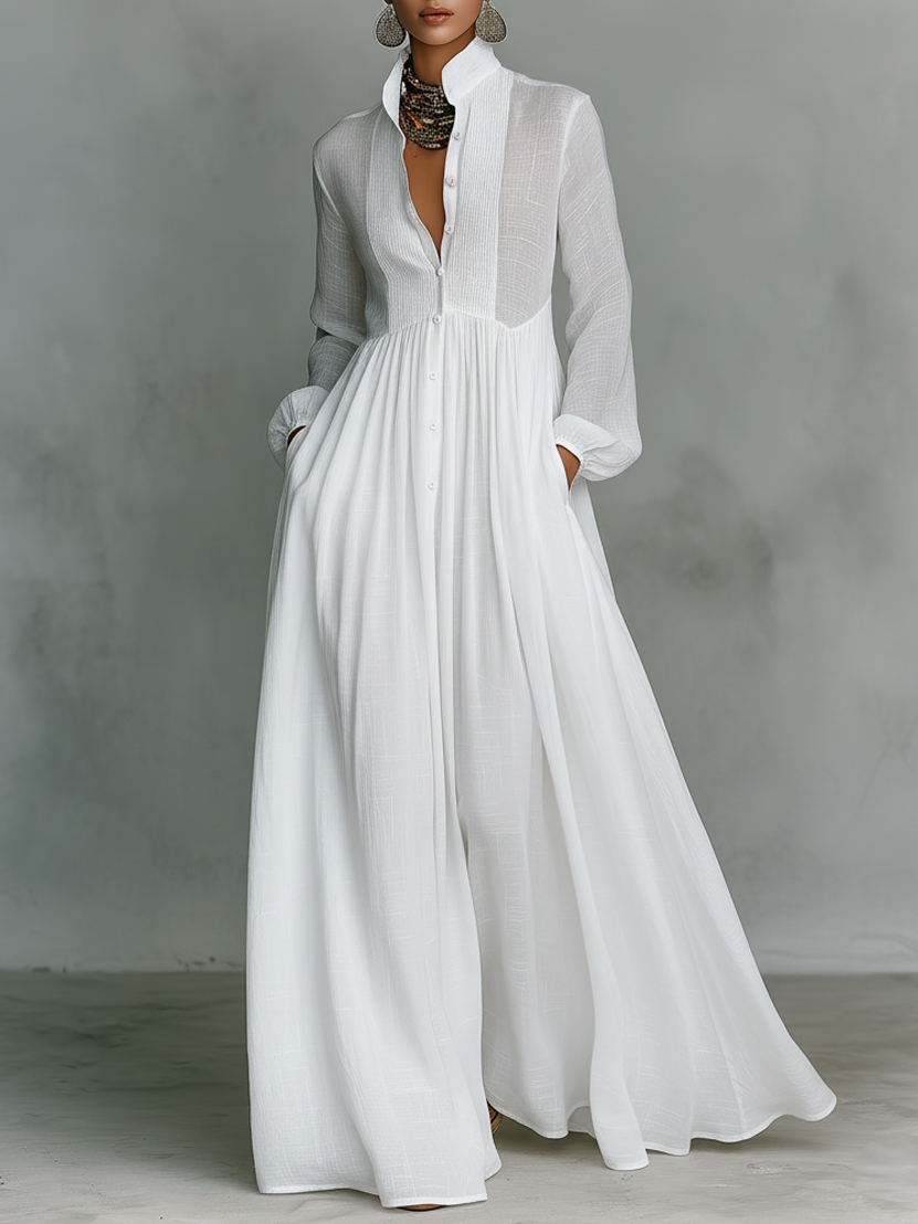 Zoey | Robe maxi en patchwork de coton et lin avec col montant