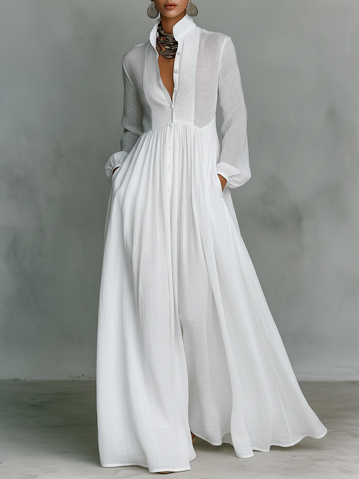 Zoey | Robe maxi en patchwork de coton et lin avec col montant