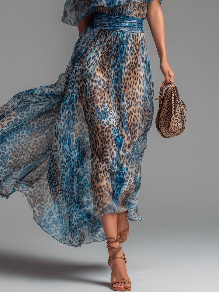 Wild - Robe longue en chiffon avec imprimé léopard et épaules dénudées