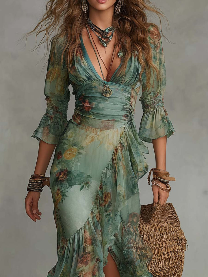 Aurora – Robe Maxi Florale Boho avec un Ourlet Asymétrique Romantique