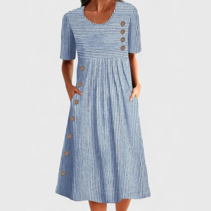 Sophia | Robe Midi Rayée à Boutons & Poches