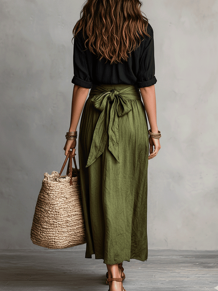 Ensemble Blouse Noire Boho Effortless & Jupe Midi Satin Olive