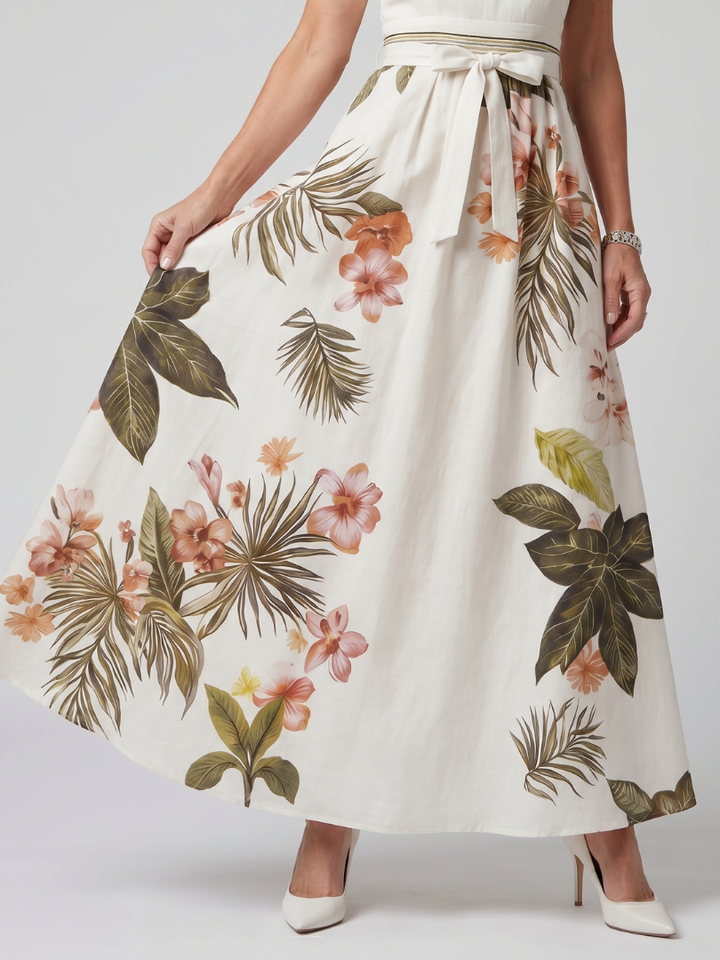 Meadow | Robe maxi à panneaux botaniques avec encolure halter drapée