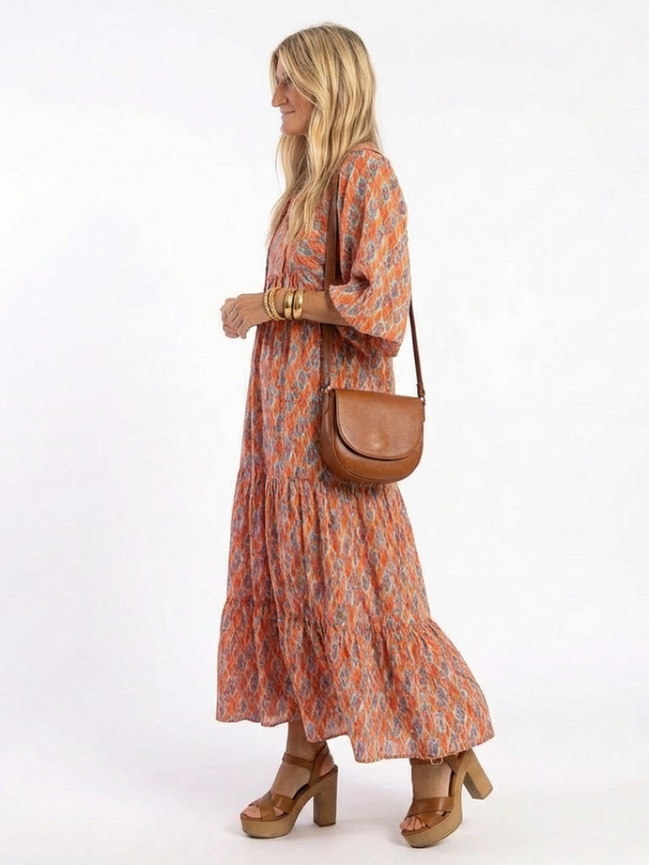 Amara | Robe Midi à Imprimé Géométrique avec Décolleté en V