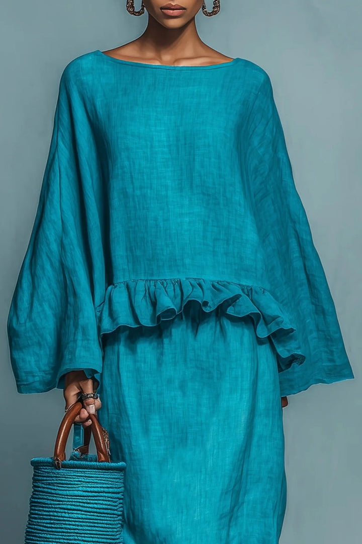 Ensemble blouse et jupe en mélange de lin bleu avec volants