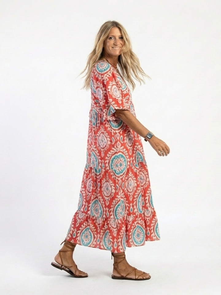 Zaria | Robe midi à manches courtes et décolleté en V imprimé paisley