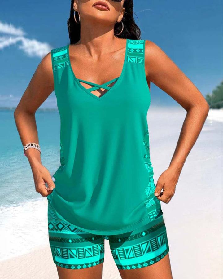 Azura | Tankini Deux Pièces Col V Croisé & Imprimé Géométrique Ethnique