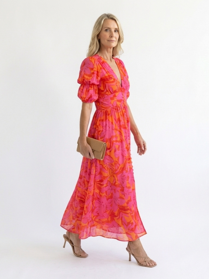 Saule | Robe Midi à Manches Bouffantes et Décolleté en V Floral