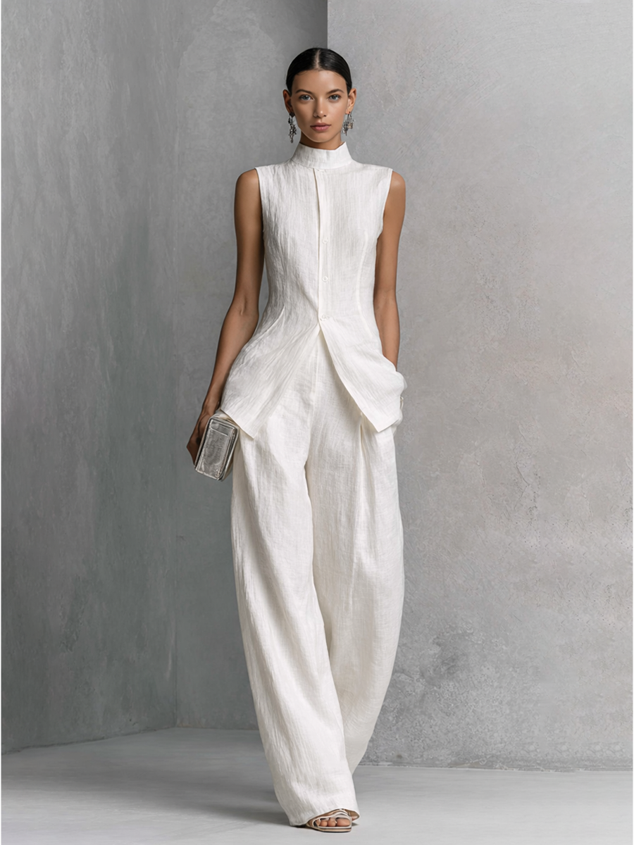 Ensemble élégant en coton lin blanc sans manches pour femmes avec pantalon large