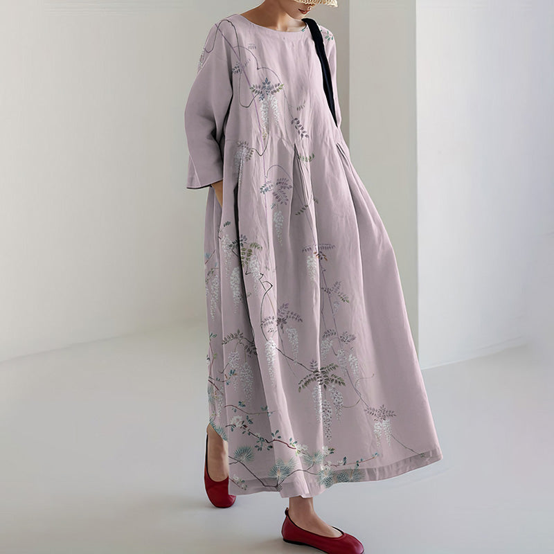 Robe Midi Ample en Imprimé Floral Japonais Vintage pour Femme