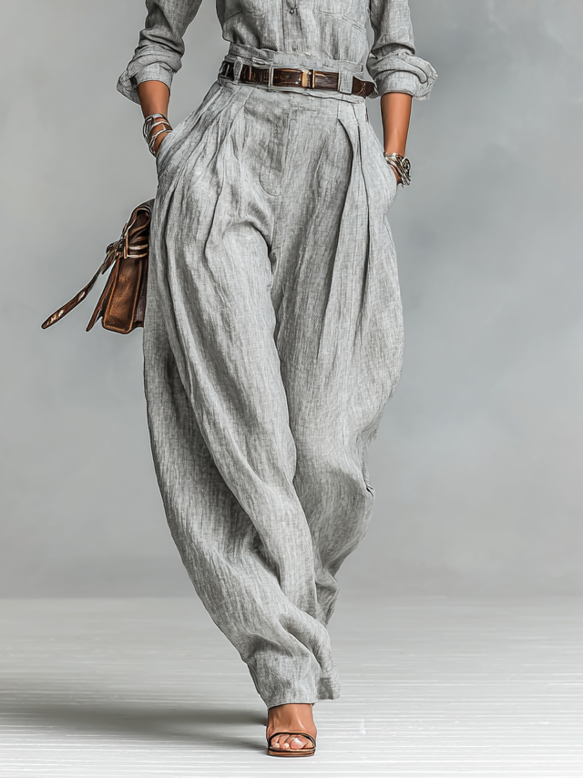 Chemise en mélange coton-lin à manches longues et pantalon ensemble deux pièces (ceinture non incluse)