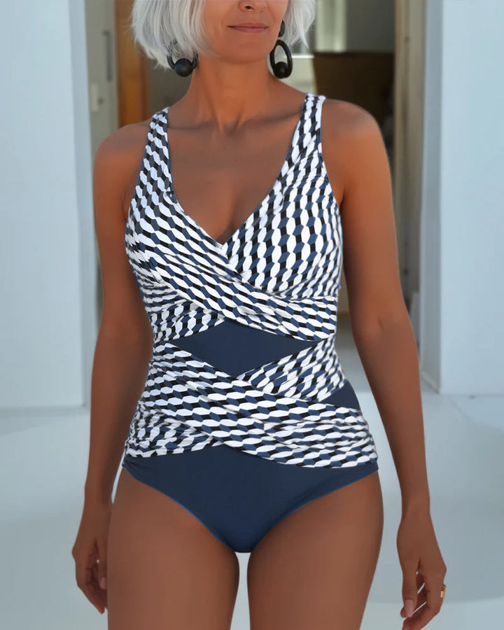 Rosalia | Maillot de Bain Une Pièce Croisé Imprimé Géométrique & Découpe Taille