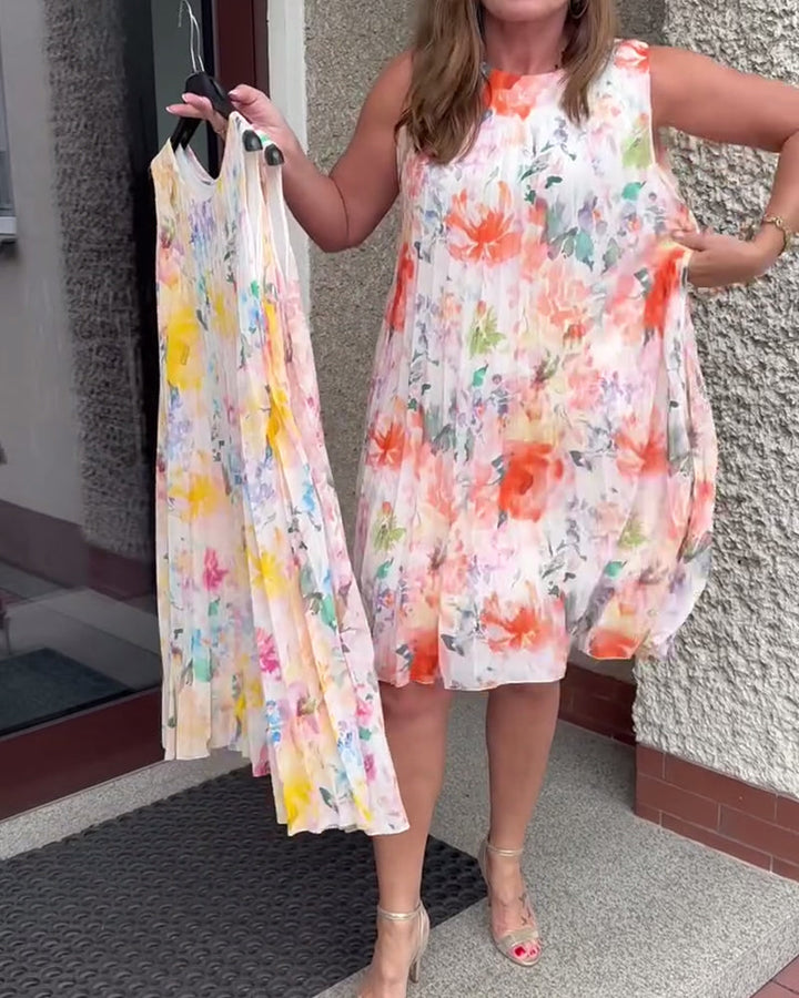 Robe Sans Manches Plissée Fleurie