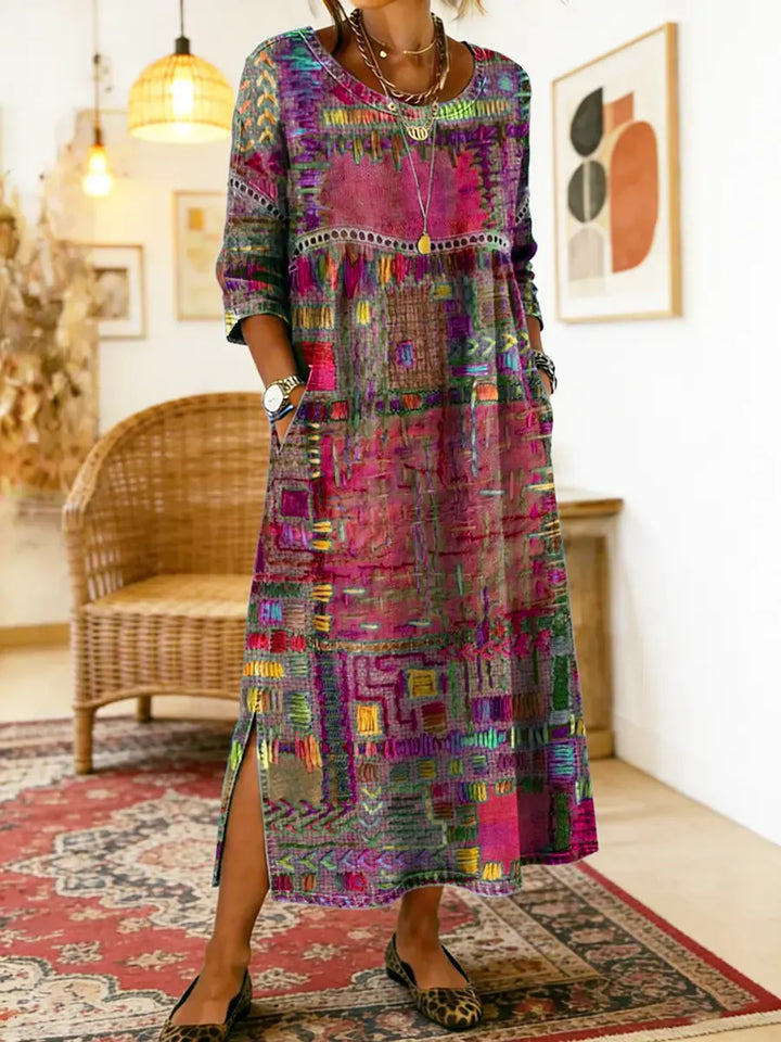 Manuela | Robe Midi Imprimé Patchwork Coloré & Poches Latérales