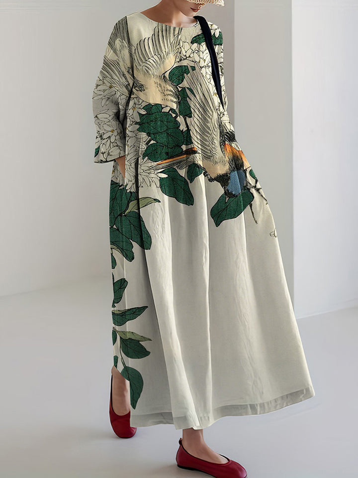 Robe Midi Imprimée Art Floral et Oiseaux Japonaise pour Femmes