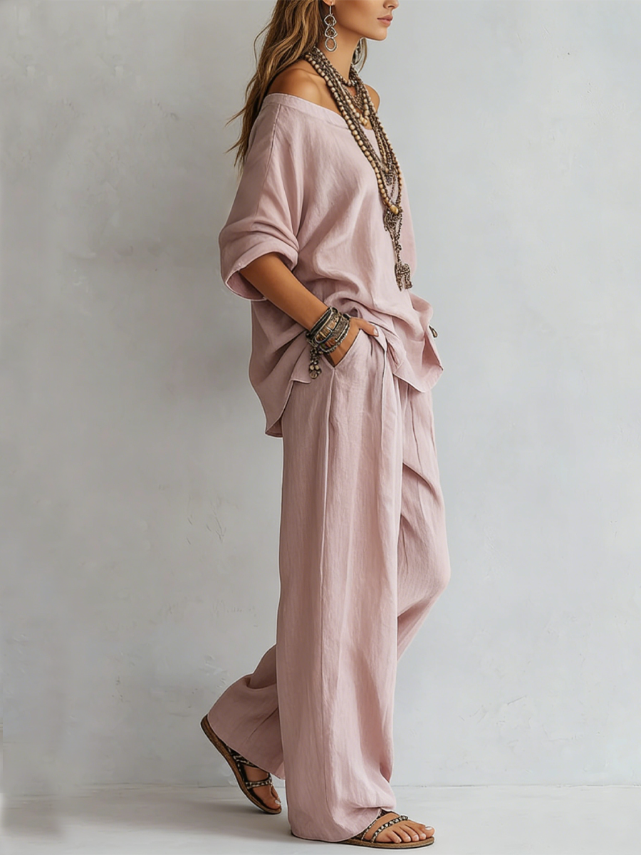Ensemble de Pantalons Amples en Lin Rose Clair