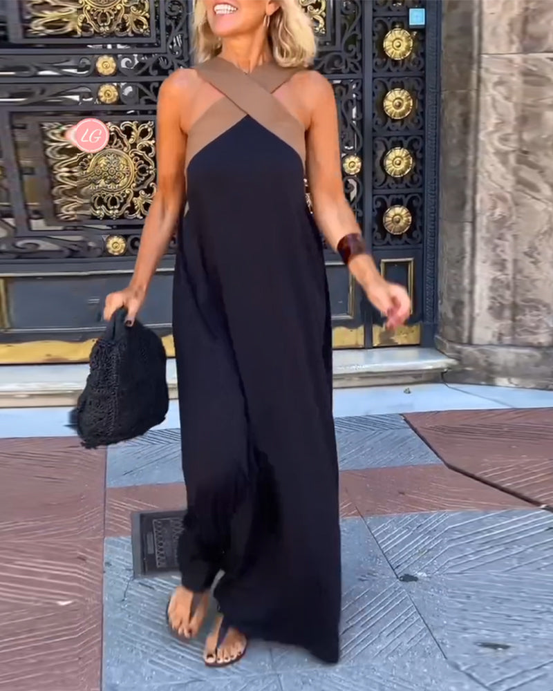 Robe Elegante Croix Dos Sans Dos Avec Couleur Contrastée