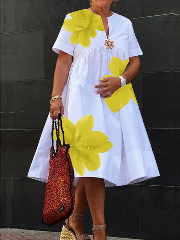 Flore | Robe Midi Ample Imprimé Fleurs Rouges Col V & Fronces