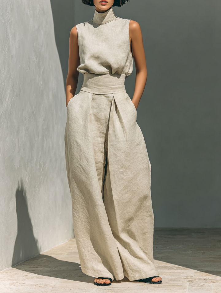 Ensemble Blouse Sans Manches Et Pantalon Large En Mélange De Coton Et Lin Pour Femmes