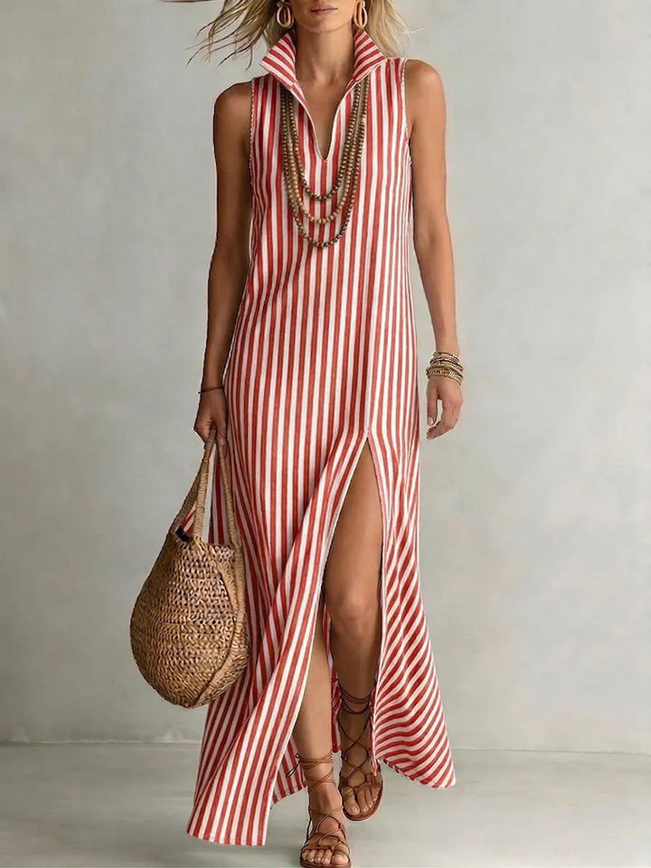 Riviera | Robe Maxi Rayée Col Polo Sans Manches & Fente Latérale