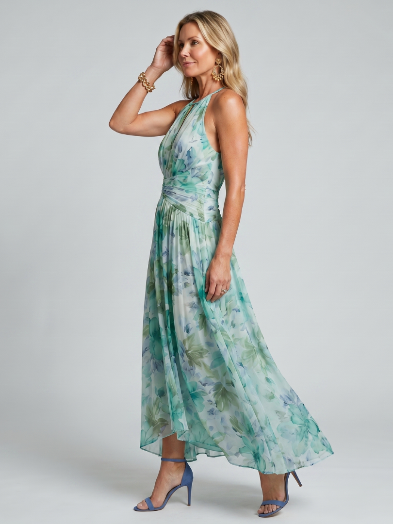 Portia | Robe midi à col halter plissée avec motif floral doux