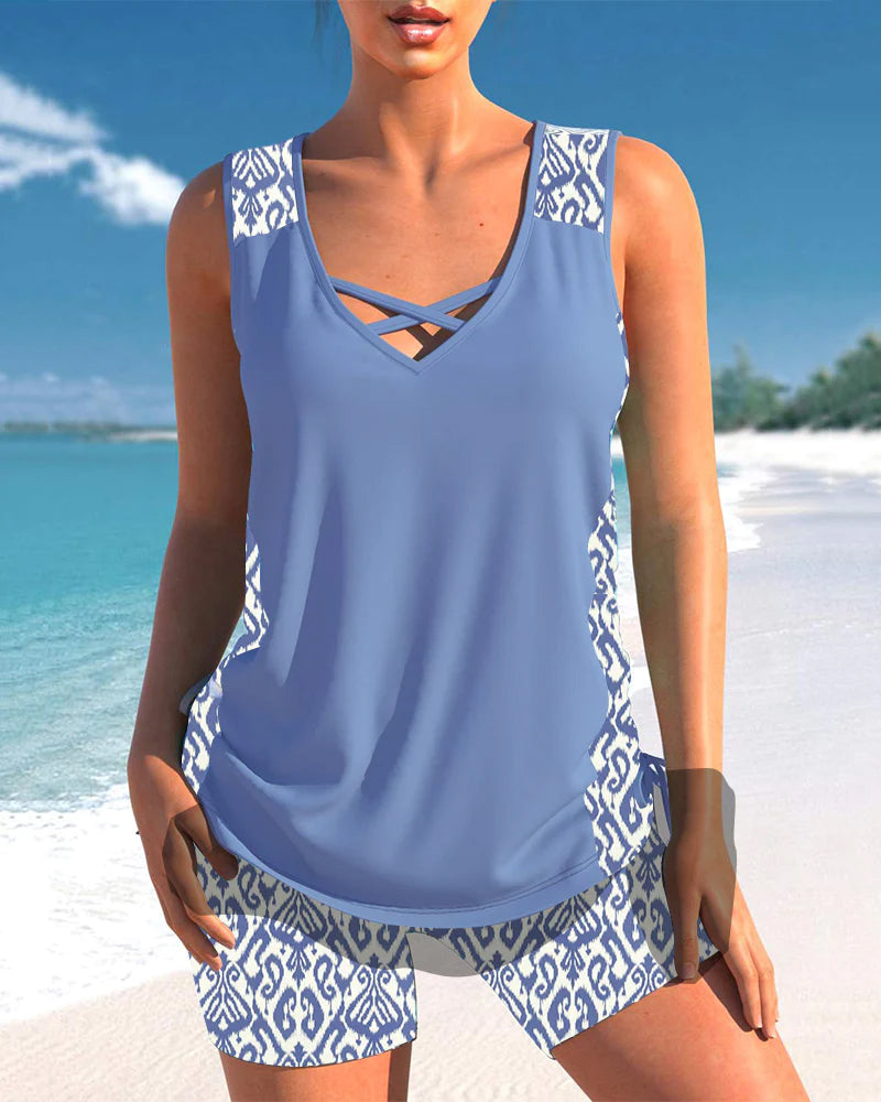Azura | Tankini Deux Pièces Col V Croisé & Imprimé Géométrique Ethnique