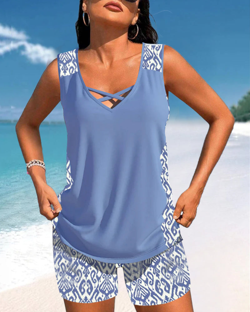 Azura | Tankini Deux Pièces Col V Croisé & Imprimé Géométrique Ethnique