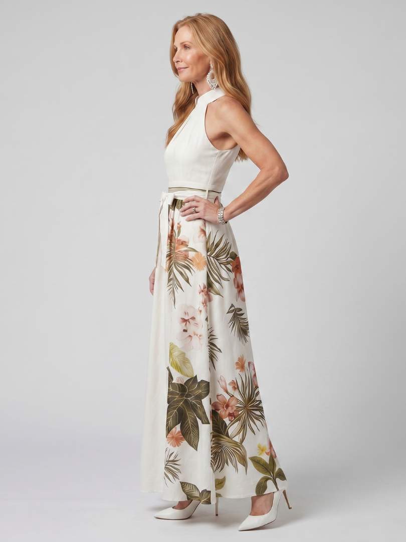 Meadow | Robe maxi à panneaux botaniques avec encolure halter drapée