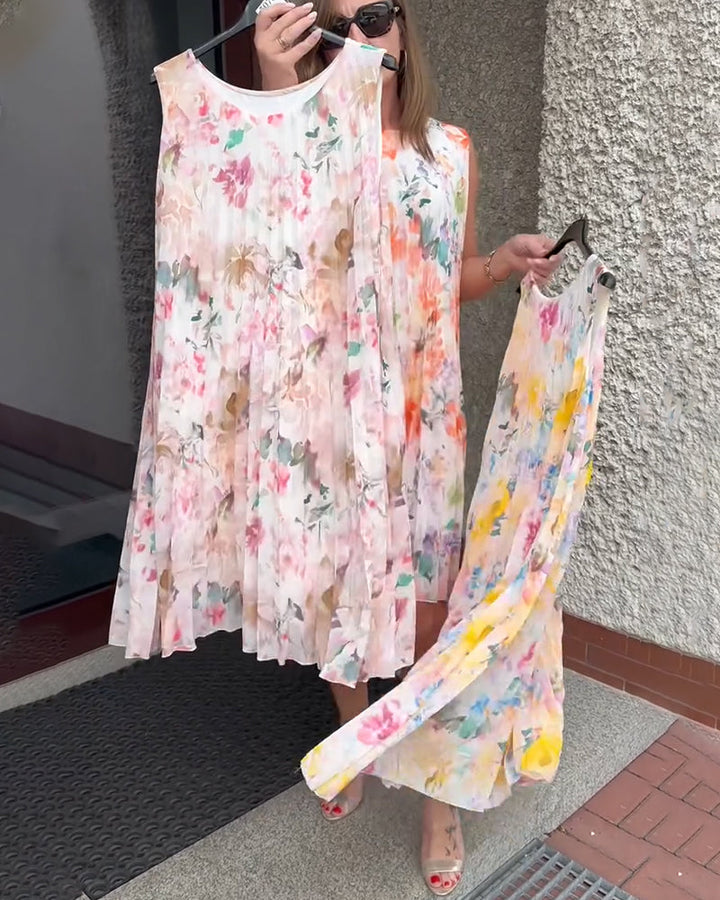 Robe Sans Manches Plissée Fleurie