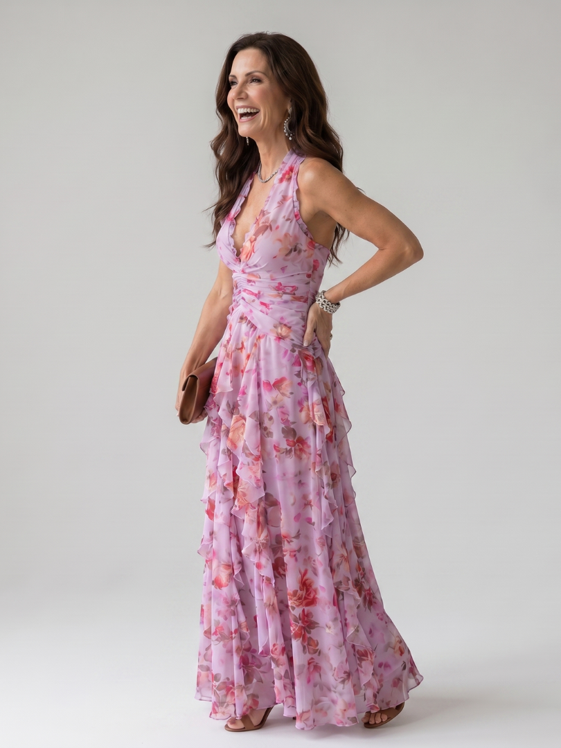 Nori | Robe Maxi Florale à Encolure Halter et Corps Froncé