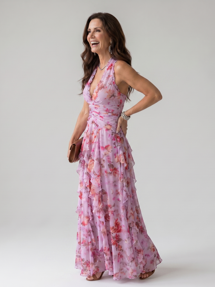 Nori | Robe Maxi Florale à Encolure Halter et Corps Froncé
