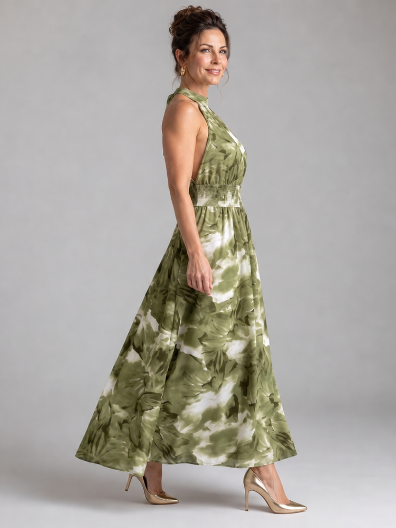 Olivia | Robe Midi à Taille Froncée Imprimé Abstrait