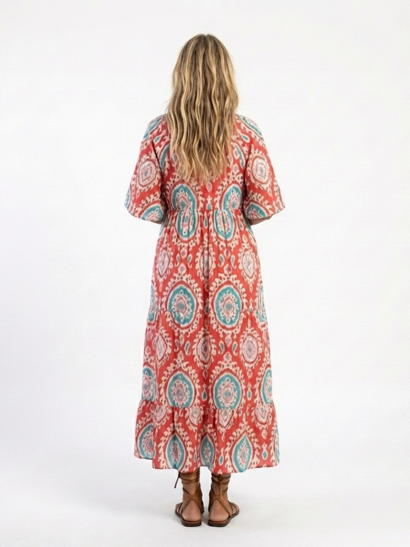 Zaria | Robe midi à manches courtes et décolleté en V imprimé paisley
