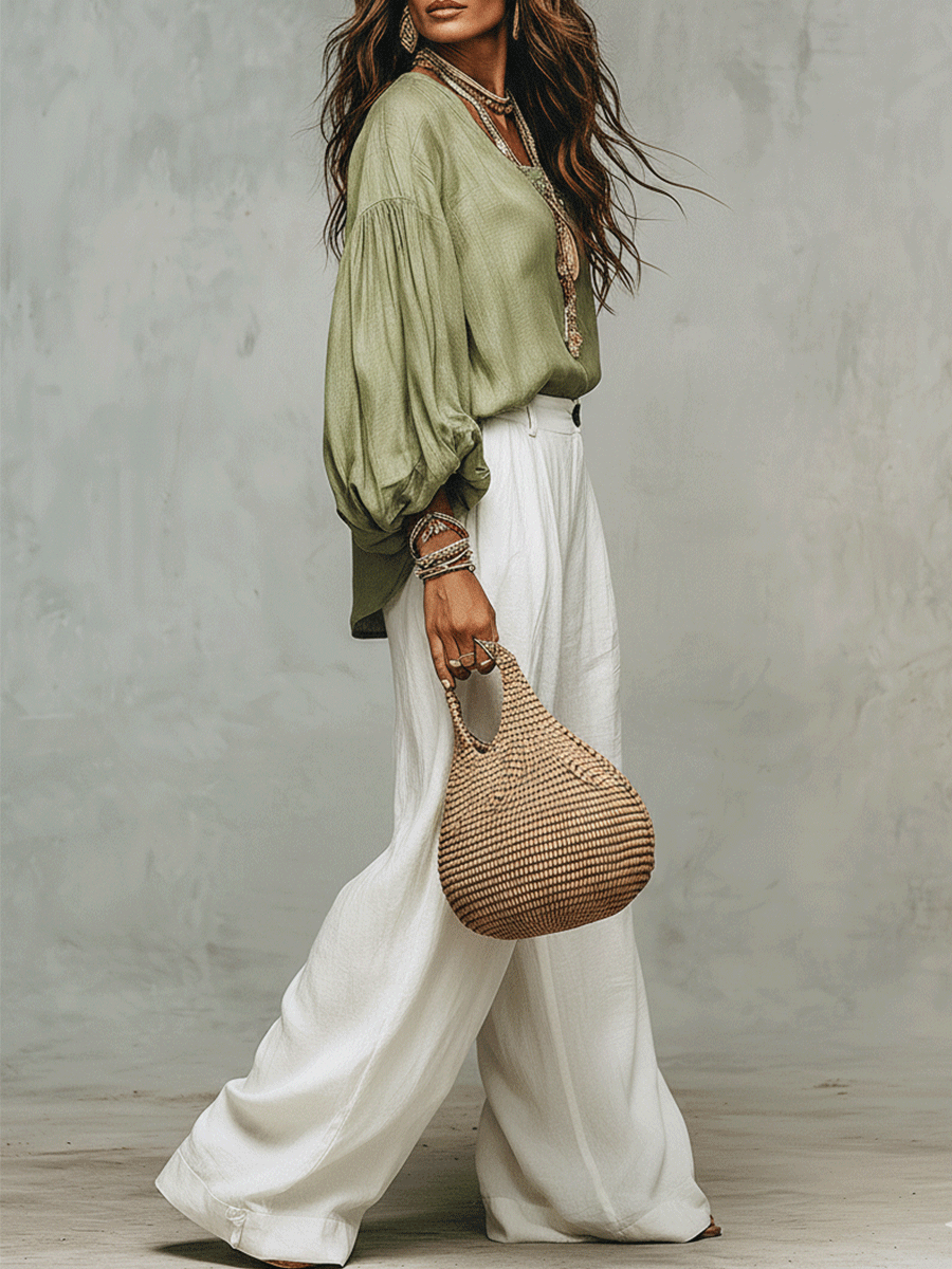 Ensemble Évasion Quotidienne : Blouse en Lin Sauge & Pantalons Blancs Amples