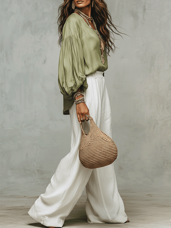 Ensemble Évasion Quotidienne : Blouse en Lin Sauge & Pantalons Blancs Amples