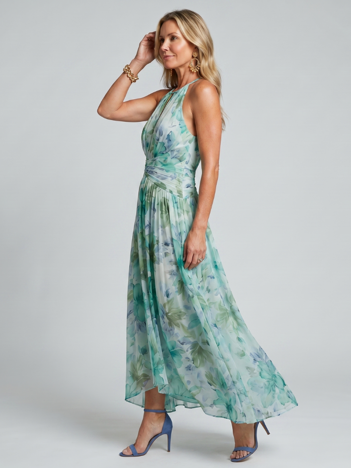 Portia | Robe Midi Mousseline Plissée Halter Imprimé Floral Aquarelle