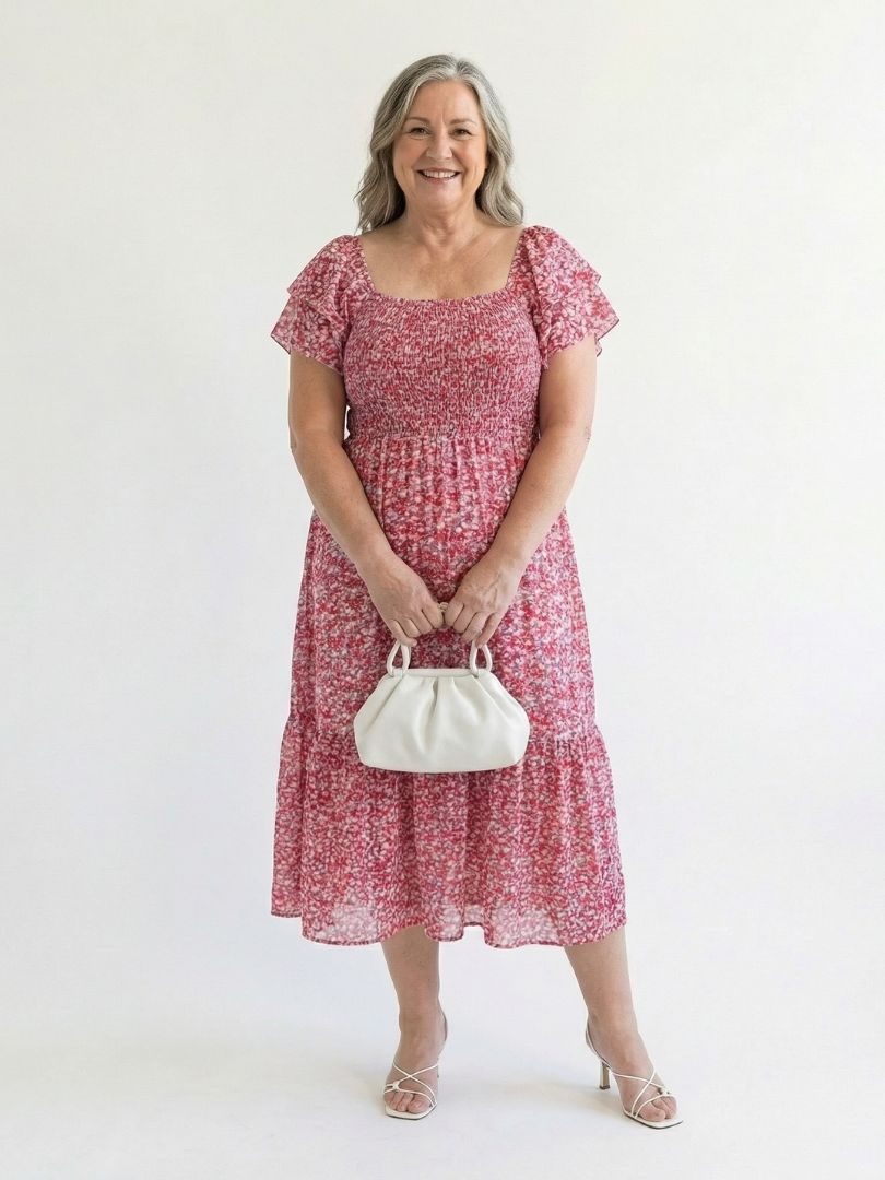 Odette | Robe Midi Fleurs à Épaules Dénudées