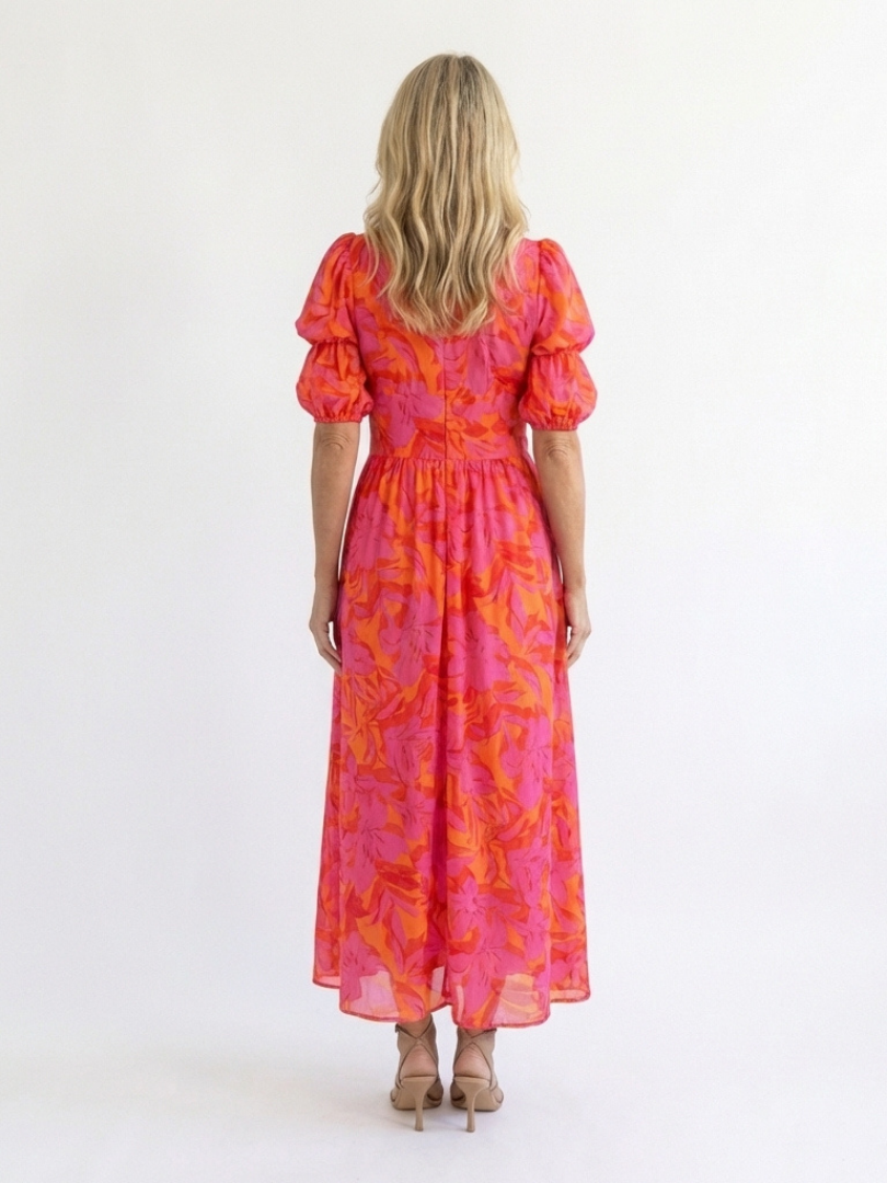 Saule | Robe Midi à Manches Bouffantes et Décolleté en V Floral