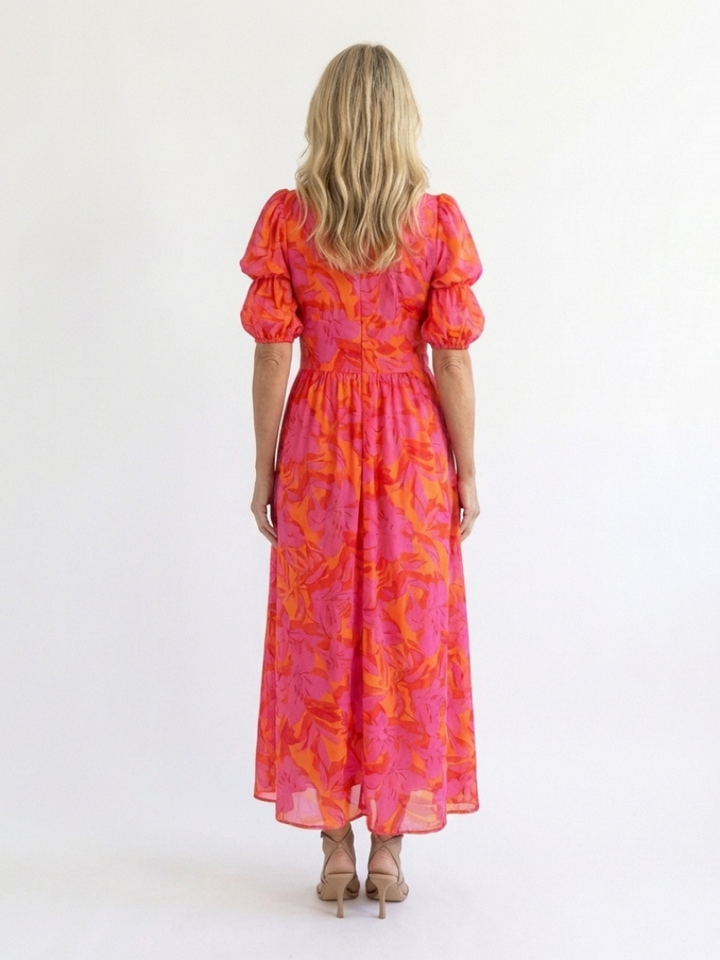 Saule | Robe Midi à Manches Bouffantes et Décolleté en V Floral
