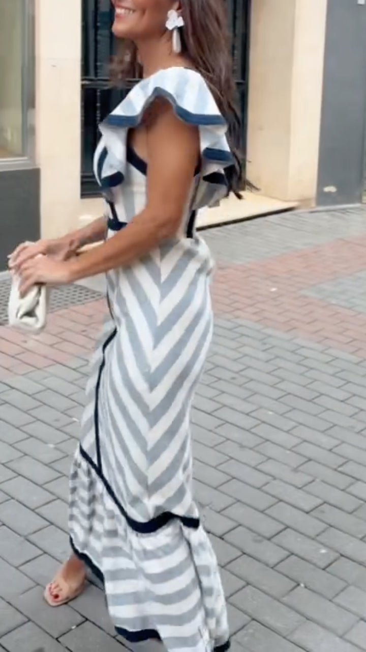 Dianne | Robe Maxi Rayée Col Carré Volants & Liserés Marine